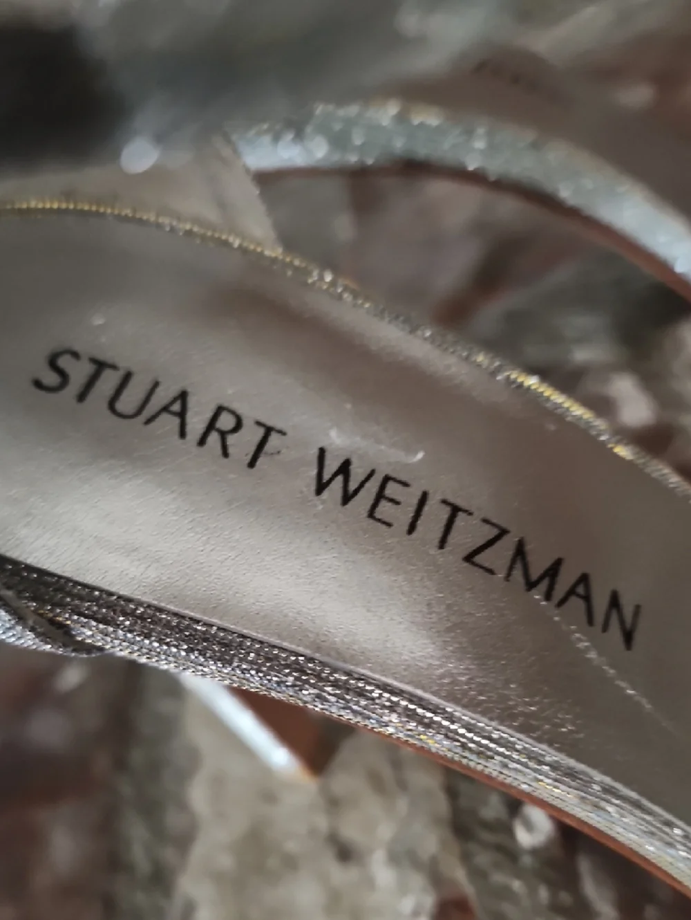 Stuart Weitzman Silver Glitter Ankle Strap Heels Stiletto Sandals Evening Weddin